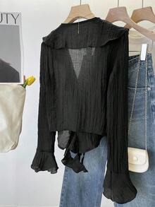 INAWLY V-Neck Pleated Ruffle Trim Front Tie Flare Sleeve Blouse Fall Cloth For Women - Black - View 2