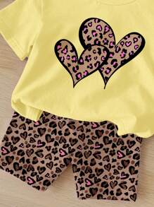 SHEIN Leap Crew 2 件套年轻女孩休闲简约短袖上衣和短裤套装，适合夏季