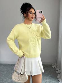 Elenzga Suéter de punto de cuello redondo elegante para mujer con diseño floral bordado y unicolor, para otoño e invierno