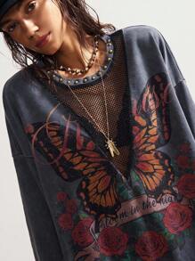 Bohemela Plus Size Women Butterfly Print Crew Neck Drop Shoulder Long Sleeve Casual Loose Sweatshirt