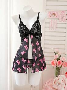 PetitDoll 2 件/套大码性感内衣：蝴蝶印花网眼和撞色蕾丝前开衩吊带背心连衣裙 + 丁字裤 - 彩色 - 查看 6