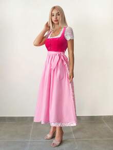 Sweetina Women's Pink Oktoberfest Style Long Dress With Lace Short Sleeve Blouse Set, Bow Decor Pink Dress Dirndl Dress Pink Corset Top Pinafore Dress Milkmaid Dress