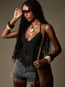 MISSGUIDED Áo crop top cổ yếm Boho đan móc đính hạt tua rua cho lễ hội mùa hè hòa nhạc trang phục đi biển phong cách Hippie Bohemian - màu đen - Xem 5