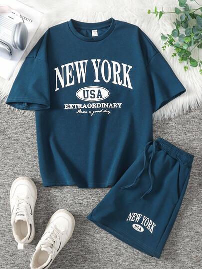 SHEIN 2pcs/Set Teen Girls' Knit Casual English Print Loose T-Shirt And Shorts Set Teen Girl 2 Piece Set Girls New York Outfit Girls Graphic Tee And Shorts Set Teen Girl Summer Set