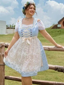 SHEIN Frenchy Váy truyền thống lãng mạn màu xanh cỡ lớn dành cho nữ, phù hợp cho lễ hội Oktoberfest, chợ nhà thờ, lễ hội dân gian, trang phục Dirndl - Màu xanh lam - Xem 3