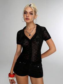 Flirla Women's Plaid Mesh Single-Breasted Short Sleeve Fitted Shirt - Black - View 5