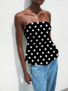 Maija 休闲波尔卡圆点图案褶饰娃娃装紧身抹胸上衣，适合万圣节、圣诞节、派对、音乐节 - 黑與白 - 查看 5