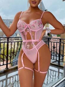 3pcs Floral Embroidery Mesh Underwire Teddy Bodysuit Lingerie - Baby Pink - View 4