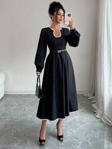 Siren Gaze Solid Color U-Neck A-Line Hem Dress, Contrast Trim Dress, Elegant Women's Clothing, Ladies Office/Commute Long Sleeve Dress, Black Dress Winter Evening Dress Black - Black - View 7