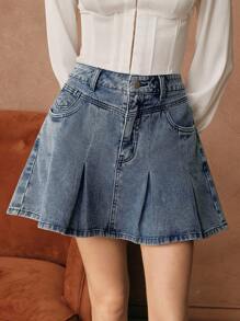 SHEIN Unity Fashionable Denim Pleated Mini Skirt For Women - Blue - View 1