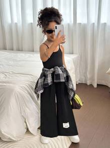 Combinaison-pantalon sans manches, style urbain chic, ajustée, côtelée, avec texte graphique, patch, taille décorée, jambe large, noire - Noir - Voir 5