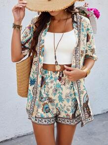 Selianne 2pcs Women Boho Style Retro Print Long Cardigans And Shorts Set