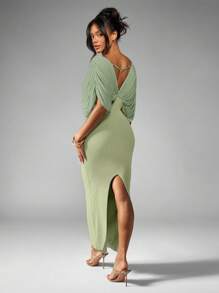 MISSGUIDED 优雅垂坠低领蝙蝠袖长裙，高腰侧开衩罗纹晚会婚礼宾客夏季春季 - 薄荷綠 - 查看 2