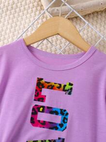 SHEIN Young Girls 2pcs Set: LOVE Letter Print Round Neck Short Sleeve T-Shirt And Colorful Leopard Print Leggings