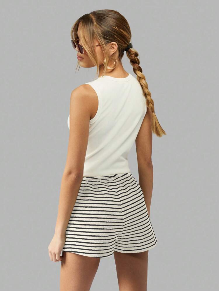 MISSGUIDED Towelling Beach Casual Drawstring Striped Loungewear Athletic Sporty Vacation Summer Comfortable Breezy Resort Leisure Sweat Shorts Walking Gym