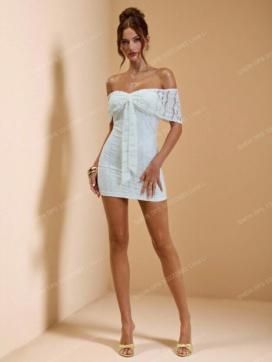 SHEIN BAE 秋季女装白色露肩蕾丝紧身迷你连衣裙，/ /女士夏季连衣裙/返校连衣裙/白色连衣裙/女士全白派对服装/女士婚礼宾客礼服/女士度假服装/女士生日礼服 - 白色 - 查看 1