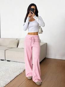 SHEIN EZwear Casual Fashion Versatile Minimalist Loose Drawstring Wide Leg Sweatpants For Women,Fall Women Clothes