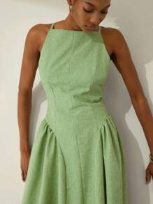 Aveloria Modichic Elegant Party Off Shoulder Sleeveless Ruched Waist Flared Dress, Exaggerated Flowy Dress, Textured Fabric, Suitable For Year-End - Green - View 5