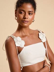 Travachic Conjunto de 2 piezas de top camiseta corta y shorts con decoración floral 3D para mujer - Blanco - Ver 7