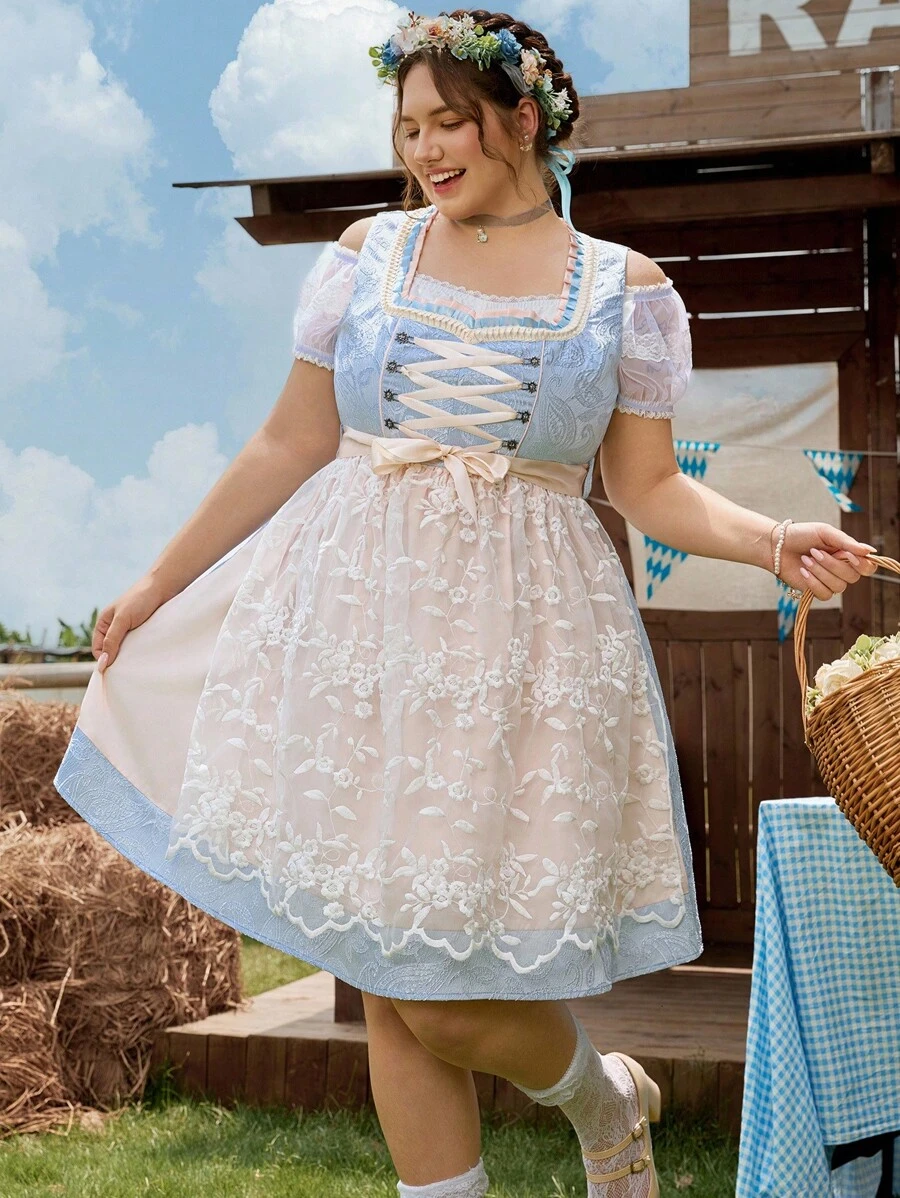 SHEIN Frenchy Váy truyền thống lãng mạn màu xanh cỡ lớn dành cho nữ, phù hợp cho lễ hội Oktoberfest, chợ nhà thờ, lễ hội dân gian, trang phục Dirndl - Màu xanh lam - Xem 1