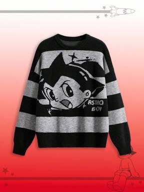 Astro Boy X ROMWE Women's Casual Striped Cartoon Pattern Dropped Shoulder Oversize SweaterKnit PulloverFall Winter Outfit