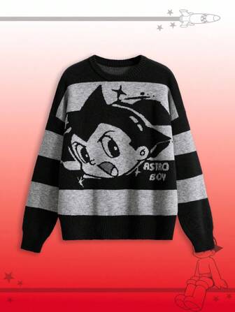 Astro Boy X ROMWE Pull oversize décontracté pour femmes avec motif rayé et effet épaules tombantes