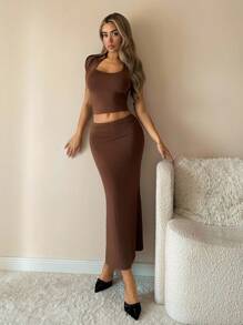 SHEIN ICON 2pcs Y2k Western Brown Going Out Halter Neck Crop Top And Low Waist Skirt Set Brown Two Pieces Set Two Pieces Skirt Set 2 Pieces Skirt Set Brown Halter Top And Skirt Set - Brown - View 4