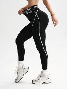 Easithlete 1 件女式字母弹性交叉腰带紧身裤，适合跑步、健身、锻炼 - 黑色 - 查看 4