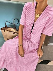 Siren Gaze 女士条纹系带短袖衬衫和荷叶边半裙休闲两件套夏季粉色 - 粉色 - 查看 2