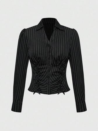 Grunge Punk Women's Striped Fitted Waist Lace Patchwork Long Sleeve Shirt, Collegiate Style, Autumn Clothing
