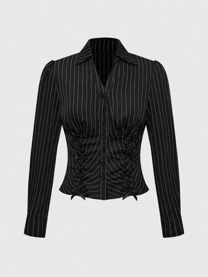 Grunge Punk Chemise à manches longues pour femmes avec taille ajustée, patchwork en dentelle et rayures, style universitaire, vêtements d'automne