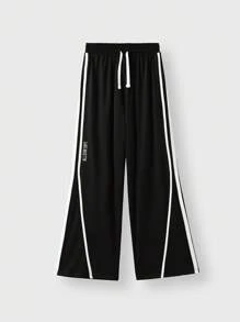 JNSQ Tween Girls & Boys Elastic Waist Loose Patchwork Ribbon Letter Embroidery Pattern Sweatpants, Suitable For Autumn, Winter Daily Wear, Outdoor Activities, Vacation, Street Style, Party And Leisure - Black - View 11