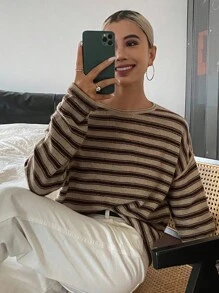 Livesso Women's Casual Drop Shoulder Long Sleeve Striped Sweater, Autumn,Fall Women Clothes - Brown - View 6