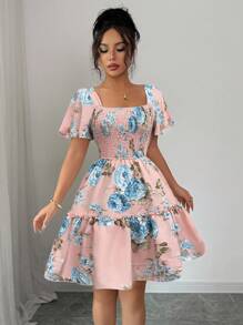 Elenzga Váy tay ngắn họa tiết hoa thanh lịch, mùa hè - Bụi hồng - Xem 5