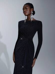 Elitara Women's Shiny Twist Knot Long Bridesmaid Dress (Adult) Black Elegant Long Sleeve Formal Evening Prom Wedding Guest Gown, For Graduation, Dinner Party Dress - Black - View 4