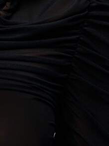 TypaGal Black Ruched Mesh Zip-Up Polo Top With Short Sleeves,Summer Seksi Chic Club Night Grungy Punk Vibe 2000s Flair Back To School Pick Layered Or Solo - Black - View 7