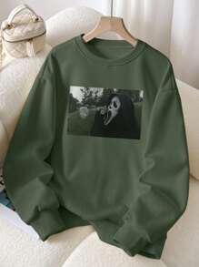 INAWLY Plus Size Print Crew Neck Long Sleeve Sweatshirt Pullover Fall Winter Autumn - Green - View 3
