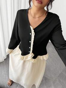 Elenzga Plus Size Women's Elegant French Style Black Patchwork Ruffle Flare Sleeve Button Blouse And Contrasting Color Mesh A-Line Maxi Skirt Two Pieces Set, Autumn/Winter Fall Cloth For Women