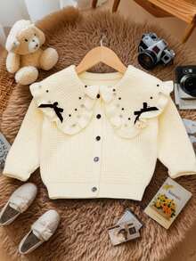 Cardigan a contrasto bianco e nero carino per ragazze, cardigan lavorato a maglia con collo rotondo, maniche lunghe, grandi risvolti, texture a volant e decorazione con fiocco, cardigan in maglia caldo e confortevole - Bianco - Visualizzare 3