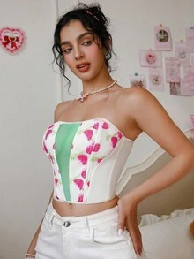 Spicy Aura 1pc Women's Embroidered Wireless Sexy Bra Strawberry Top Cute Corset Top Embroidered Top - Multicolor - View 3