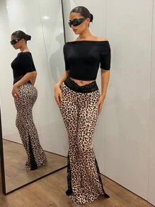 SHEIN ICON Women's Waist Contrast Lace Leopard Print Retro Flare Pants Leopard Print Pants Flared Pants Bell Bottom Pants Cheetah Print Flared Pants - Multicolor - View 4