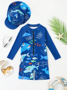 Young Boy Cartoon Print Half Zipper Long Sleeve Rash Guard & Swimming Cap Set, Random Print, Summer Beach Swimsuit