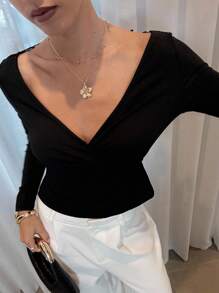 SHEIN Lavishia Áo thun nữ tay dài phối ren cài nút sau lưng thời trang - màu đen - Xem 2
