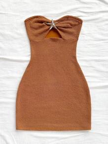 Soleia Women's Strapless Knit Bodycon Mini Dress,Shades Of Brown,Summer,Boho,Beach Vacation,Holiday Chest Hollow Metal Starfish Decor Party Date Outfit - Rust Brown - View 3