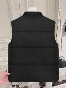 EMERY ROSE Women's Round Neck Big Pocket Padded Vest Jacket - Black - View 2