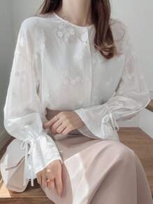 FRIFUL Women's Solid Beige Round Neck Drop Shoulder Long Sleeve Drawstring Cuff Cotton Embroidered Loose Casual Blouse, Suitable For Autumn - Beige - View 1