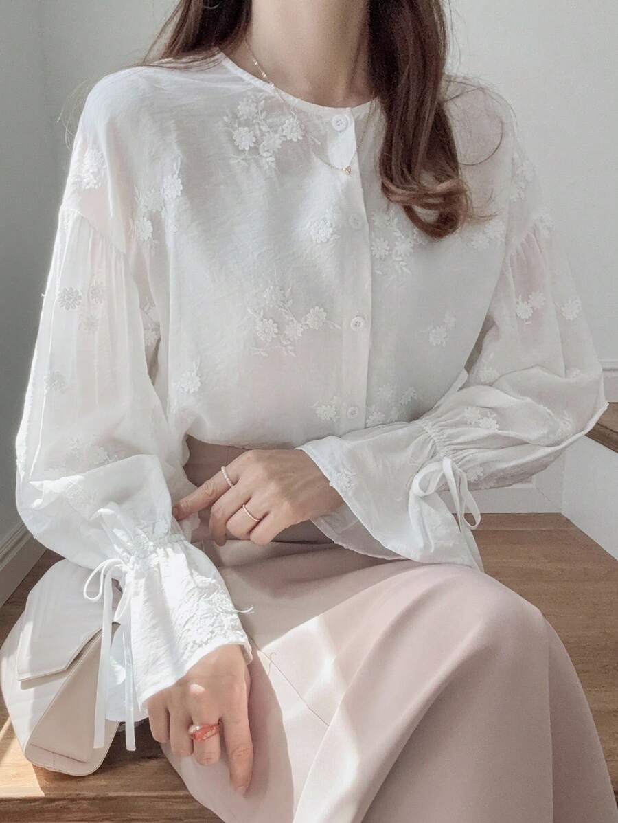 FRIFUL Women's Solid Beige Round Neck Drop Shoulder Long Sleeve Drawstring Cuff Cotton Embroidered Loose Casual Blouse, Suitable For Autumn - Beige - View 1