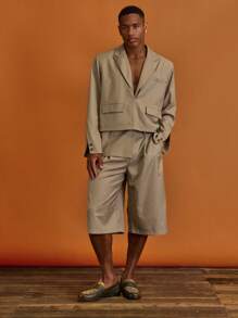 Musero Tailored Long Line Pleated Shorts With Button Detailing Spring Summer Holiday Vacation - Khaki - View 1