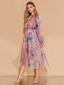 Amorya 女士优雅圆领长袖花卉印花雪纺腰修身中长连衣裙，适合日常穿着、下午茶和多种场合 - 彩色 - 查看 3