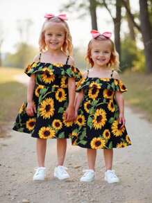 SHEIN Baby Girl Sunflower Print Cold Shoulder Ruffle Trim Dress - Multicolor - View 1